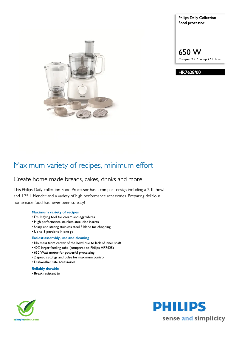 Page 1 de la notice Fiche technique Philips Daily Collection HR7628