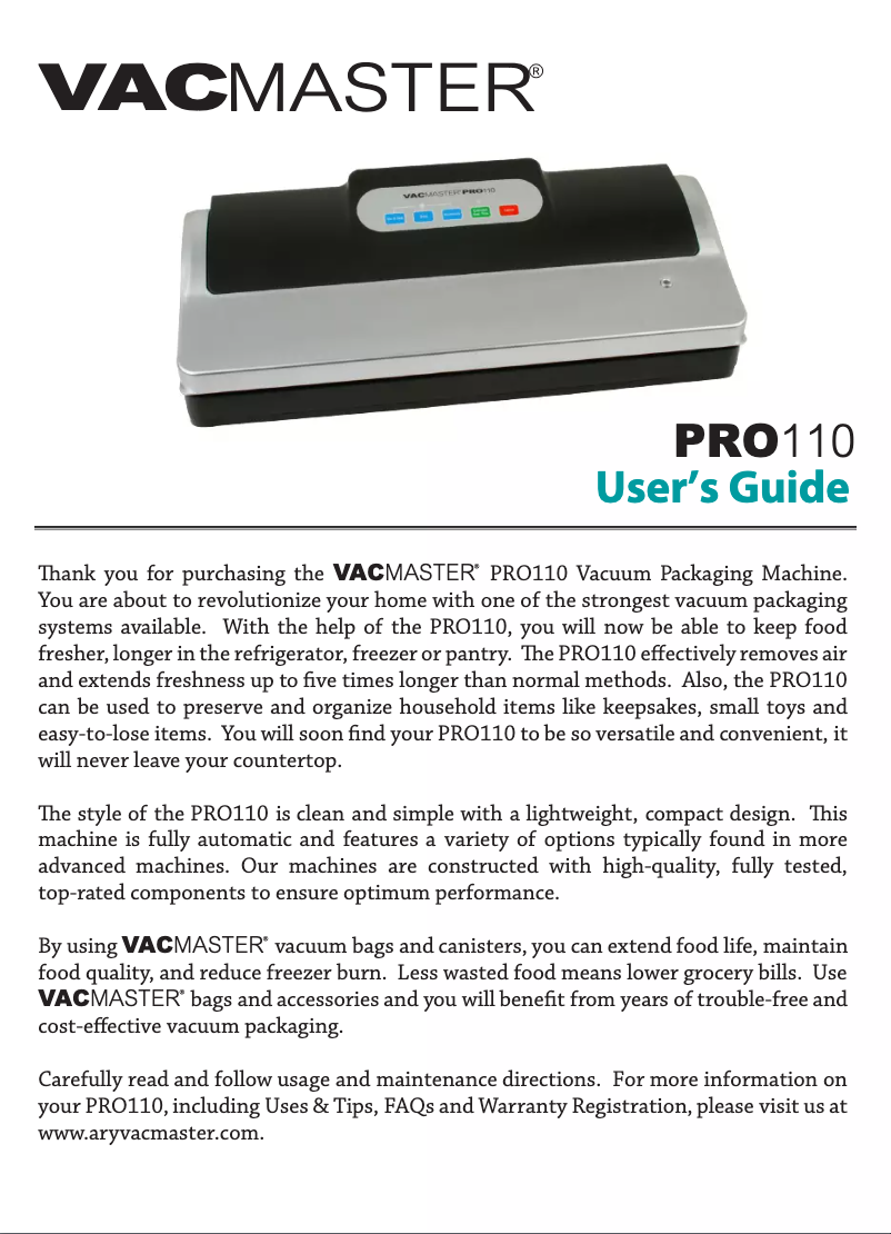 Page n°1 - Manuel utilisateur Vacmaster PRO110