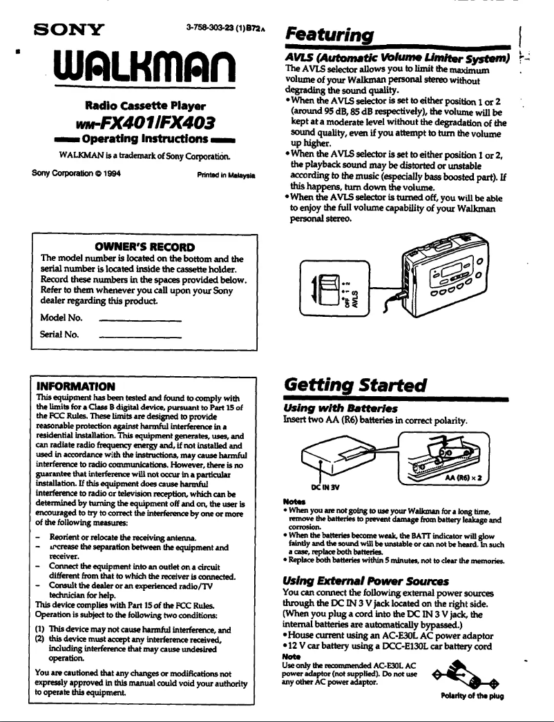 Page n°1 - Manuel utilisateur Sony Walkman WM-FX401