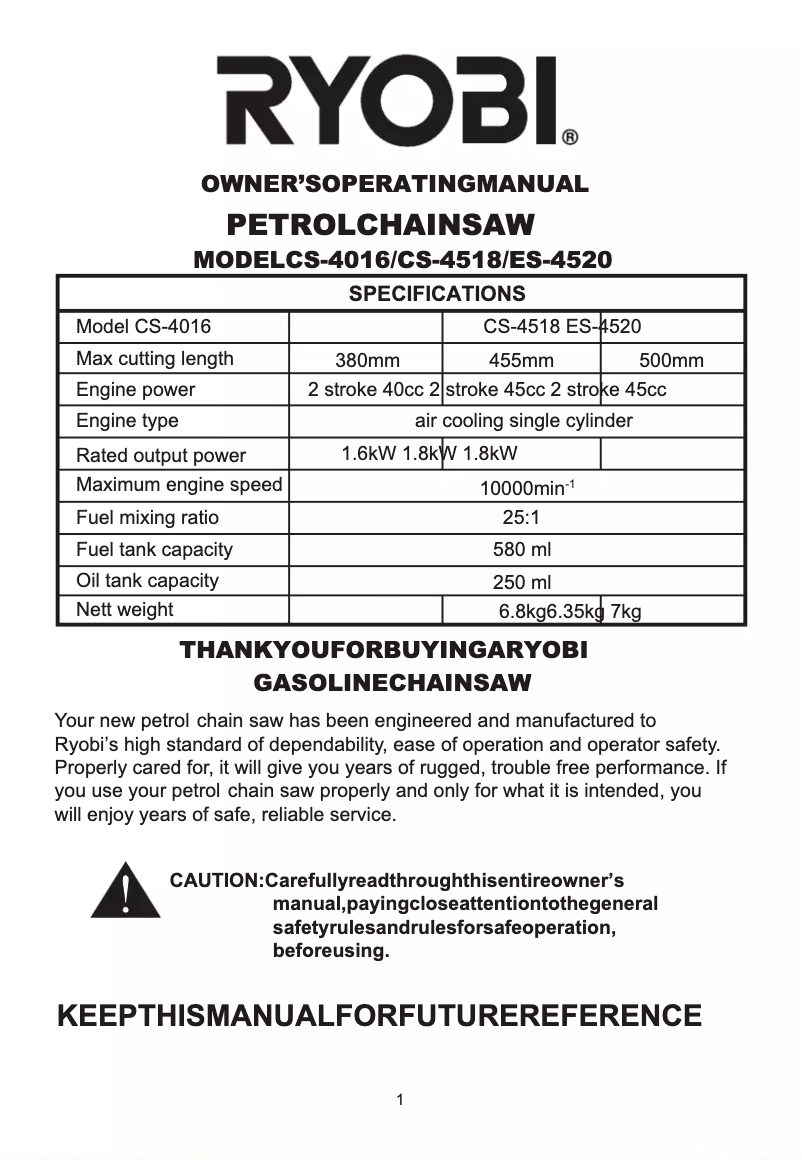 Page 1 de la notice Manuel utilisateur RYOBI CS-4016
