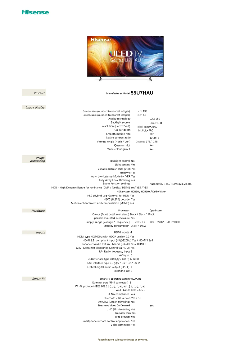 Page n°1 - Fiche technique Hisense 55U7HAU