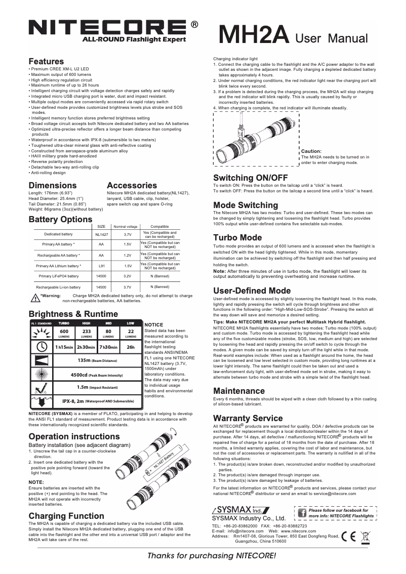 Page n°1 - Manuel utilisateur Nitecore MH2A