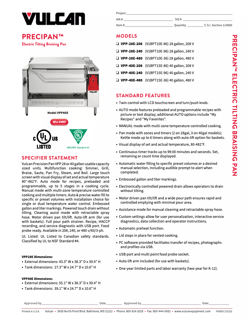Page 1 de la notice Fiche technique Vulcan VPP40