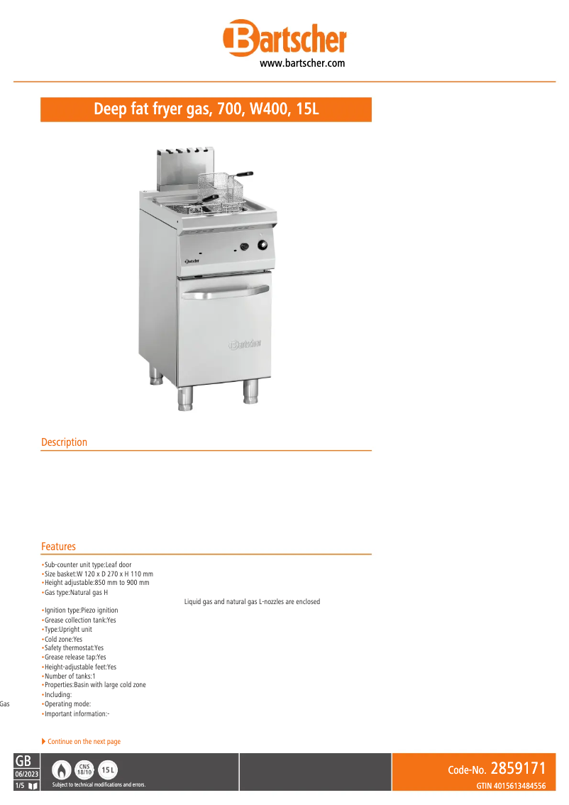 Page 1 de la notice Fiche technique Bartscher 286917