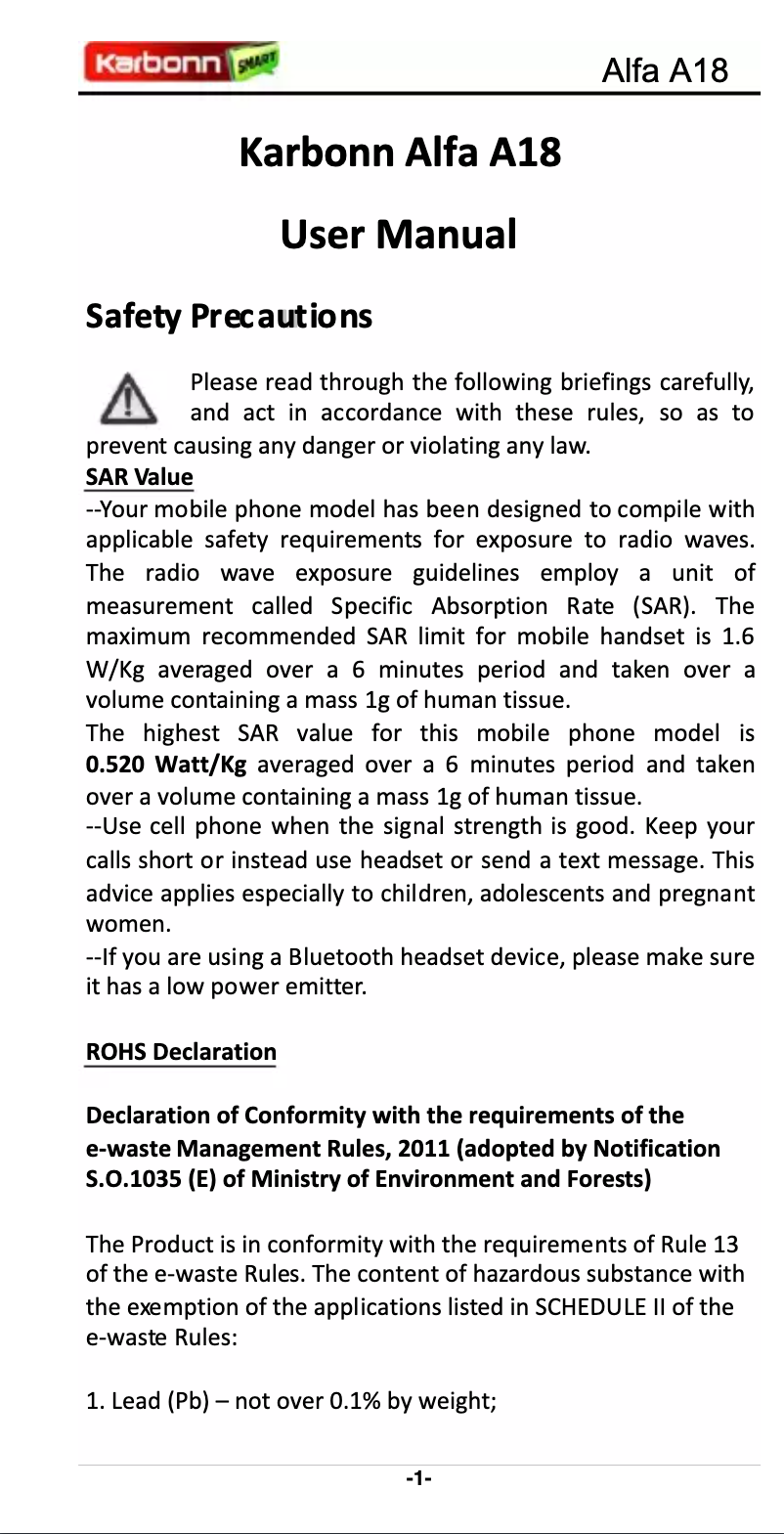 Page n°1 - Manuel utilisateur Karbonn Alfa A18