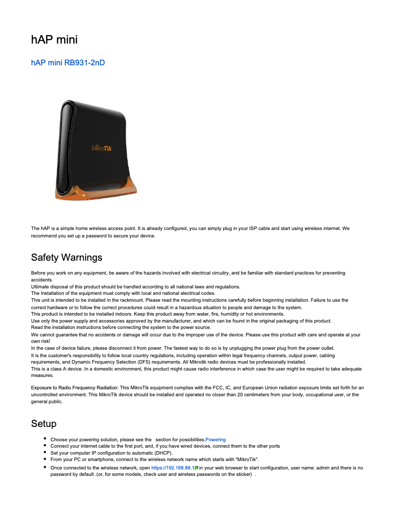 Image de la première page du manuel de l'appareil hAP mini