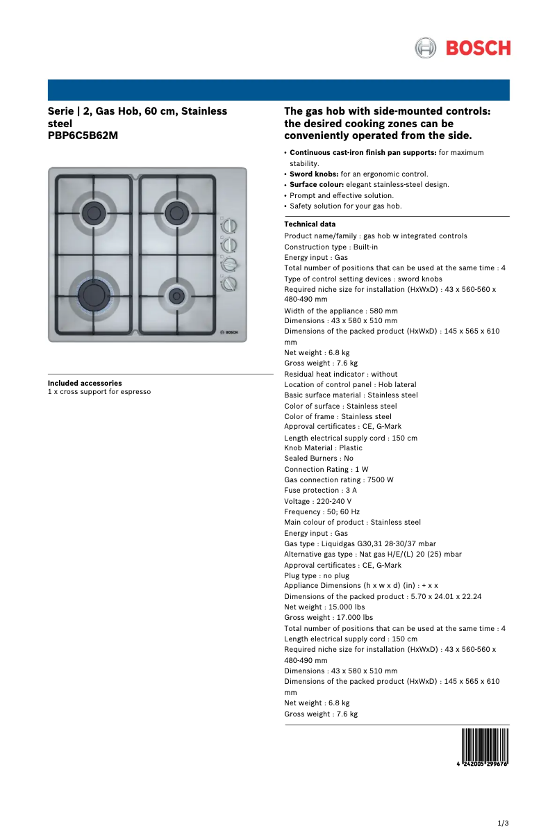 Page 1 de la notice Fiche technique Bosch PBP6C5B62M