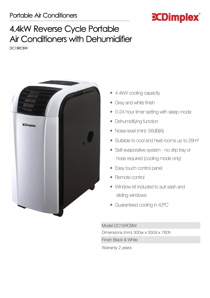 Page 1 de la notice Fiche technique Dimplex DC15RCBW