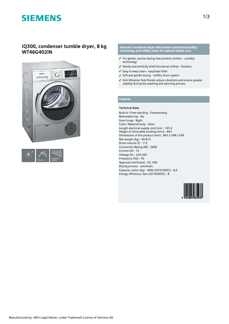 Page 1 de la notice Fiche technique Siemens WT46G402IN