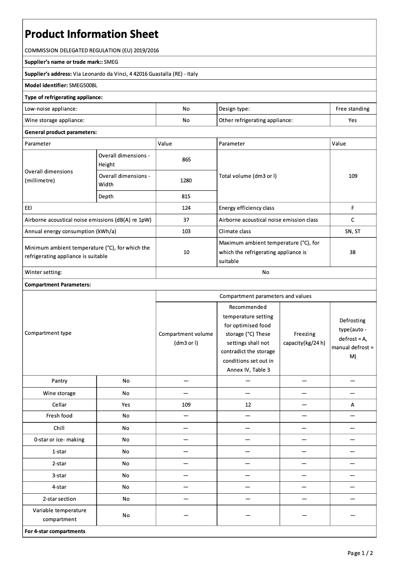 Page 1 de la notice Fiche technique Smeg 500BL