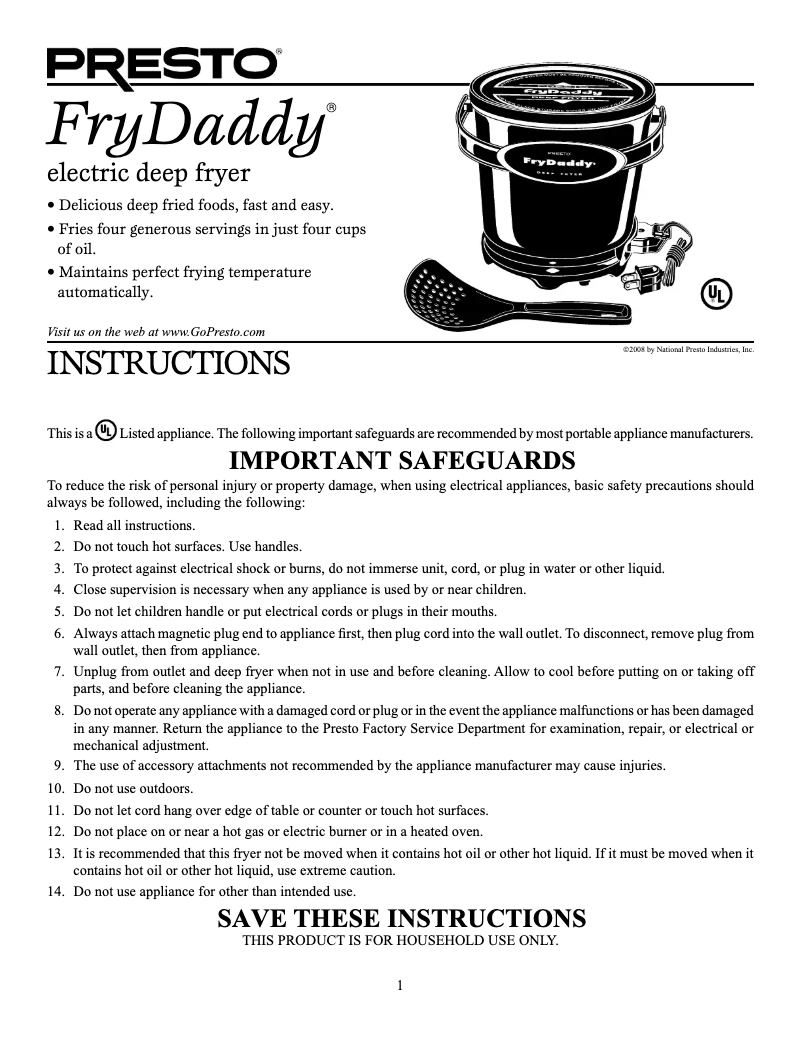 Page 1 de la notice Manuel utilisateur Presto FryDaddy 05420