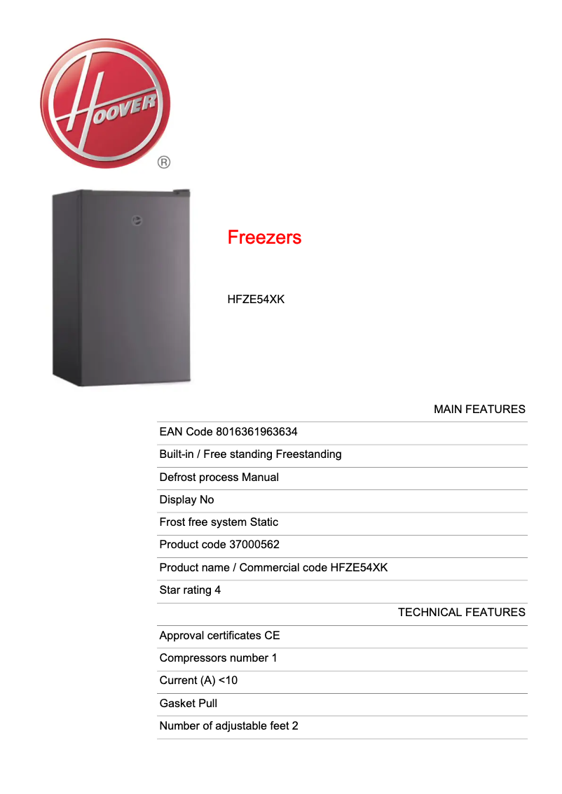 Page 1 de la notice Fiche technique Hoover HFZE54XK