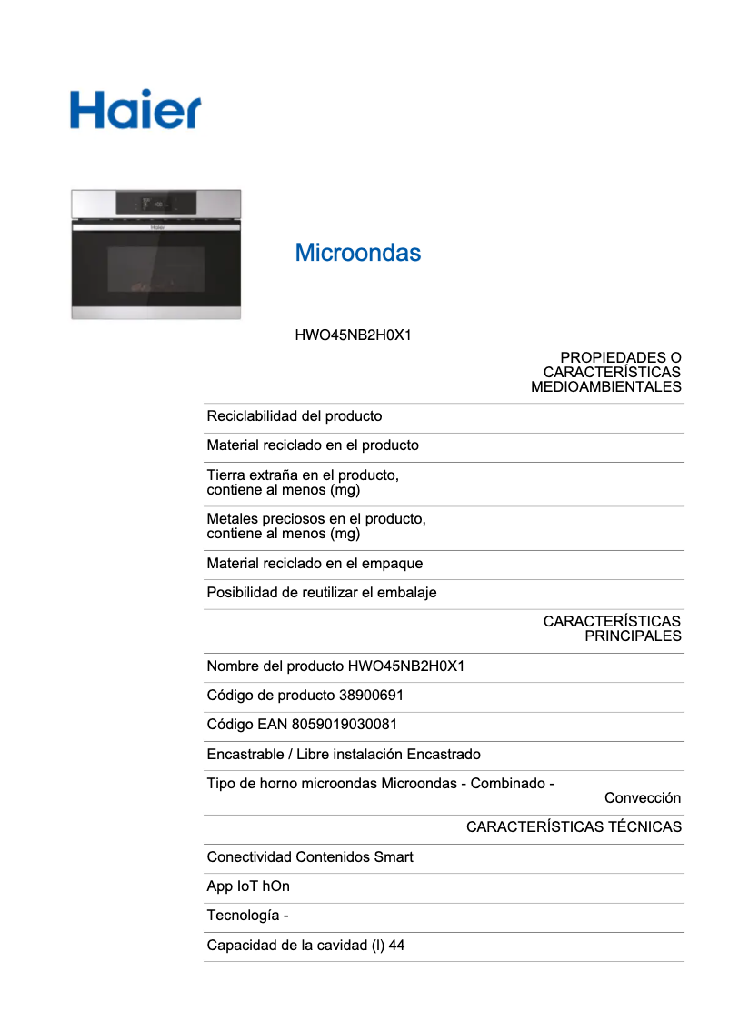 Page n°1 - Label énergétique Haier HWO45NB2H0X1