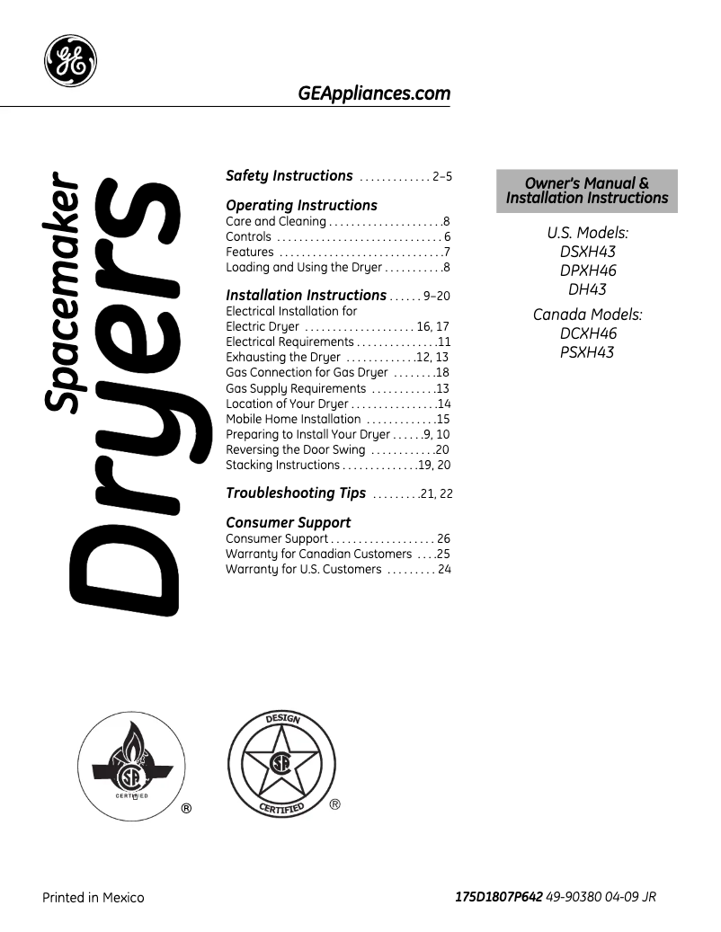 Page n°1 - Guide d'installation GE DSXH43EVWW