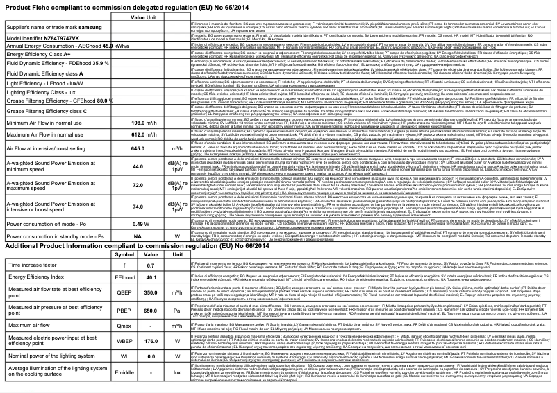 Page 1 de la notice Fiche technique Samsung NZ84T9747VK