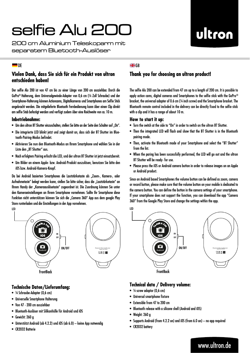 Page 1 de la notice Manuel utilisateur Ultron Selfie Alu 200