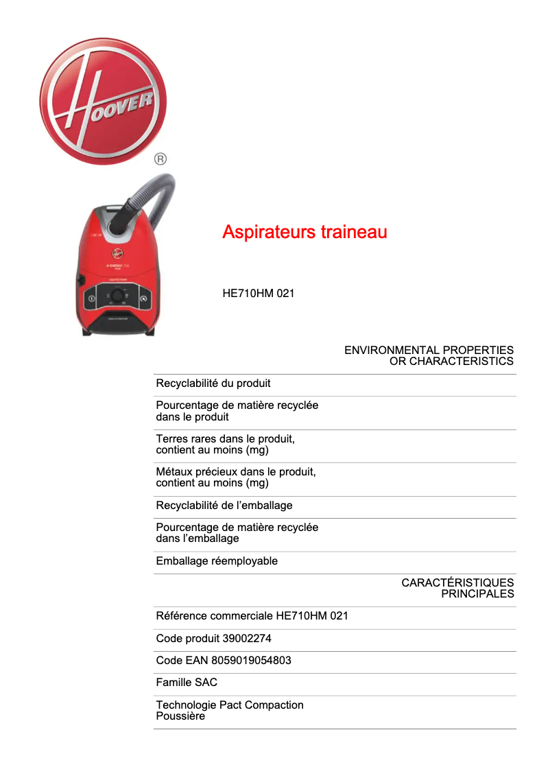 Page 1 de la notice Fiche technique Hoover HE710HM 021