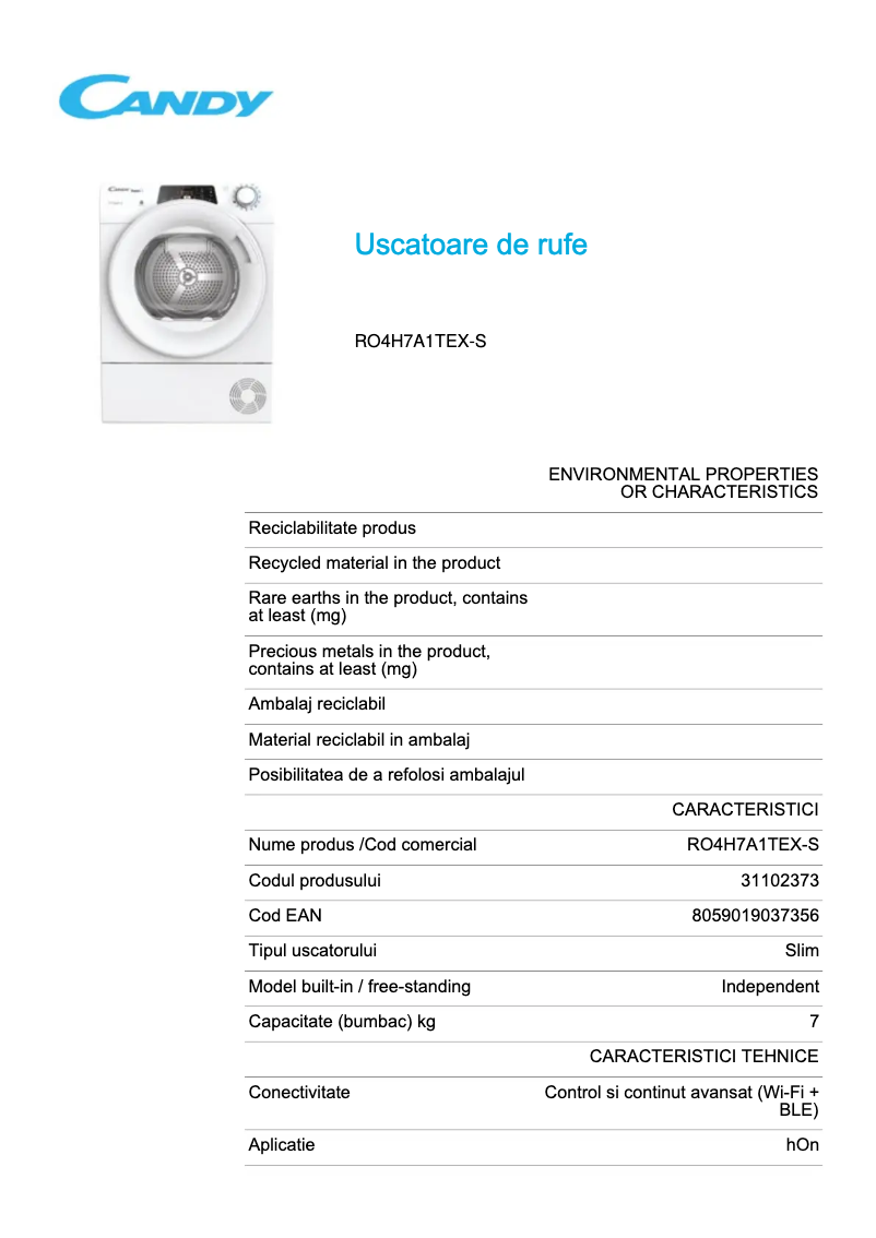 Page 1 of the manual Technical Sheet Candy RO4 H7A1TEX-S