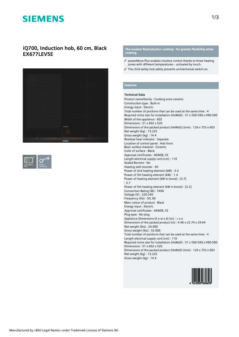 Page 1 de la notice Fiche technique Siemens EX677LEV5E