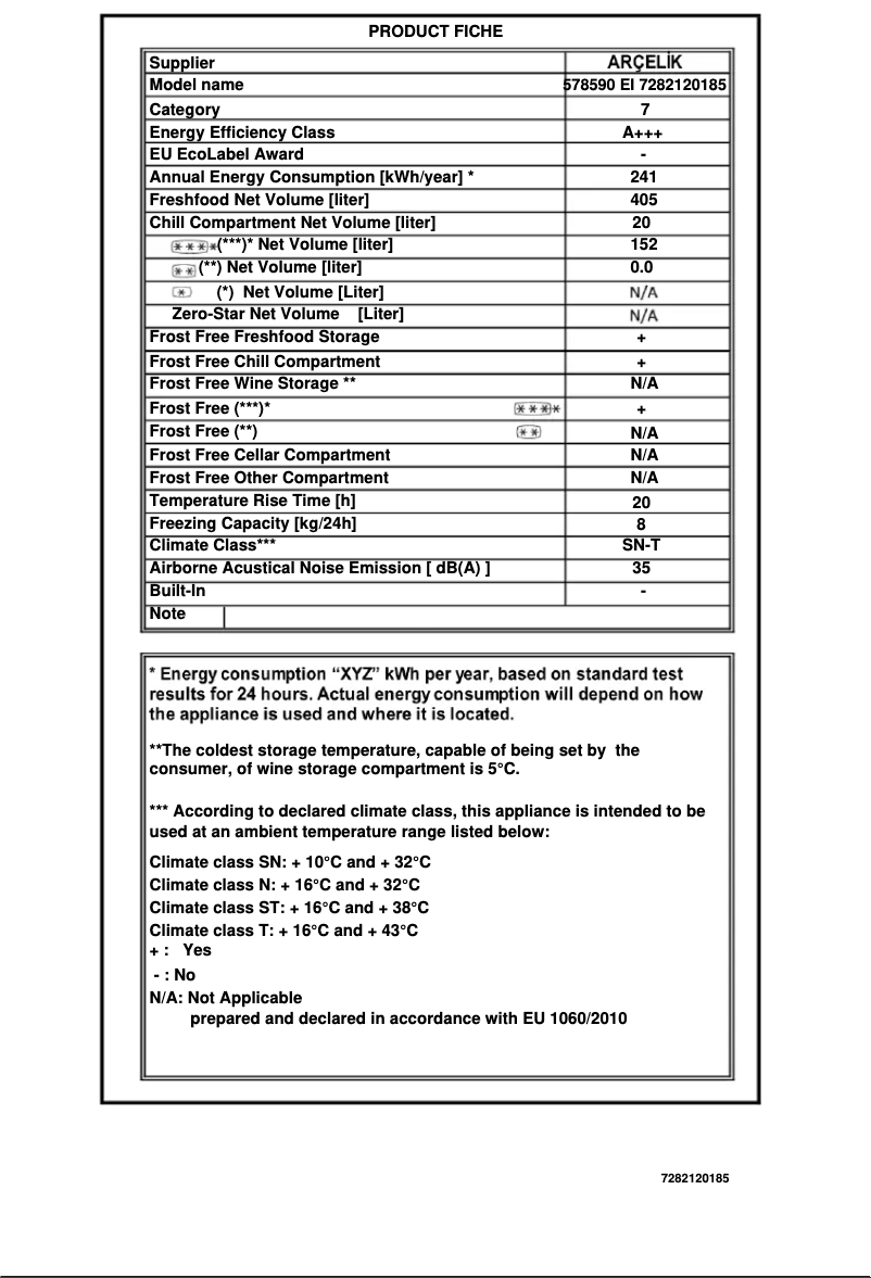 Page n°1 - Fiche technique Arçelik 578590 EI