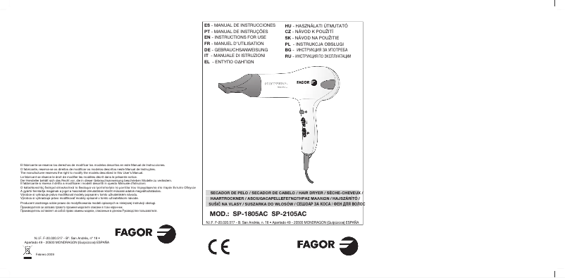 Page 1 de la notice Manuel utilisateur Fagor SP-2105AC
