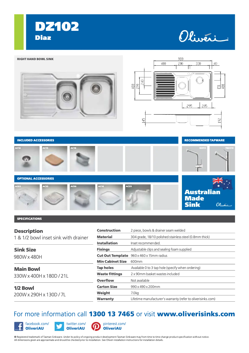 Page 1 de la notice Fiche technique Oliveri DZ102