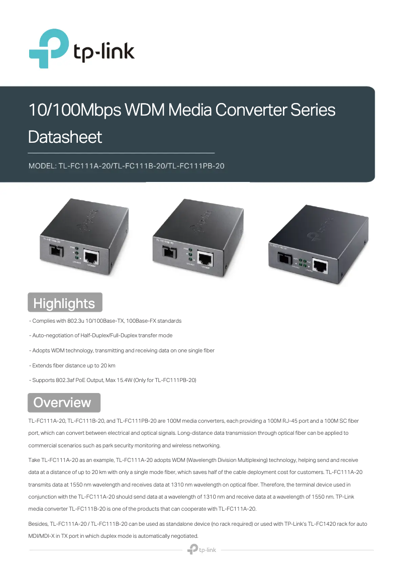 Page 1 de la notice Fiche technique TP-Link TL-FC111PB-20