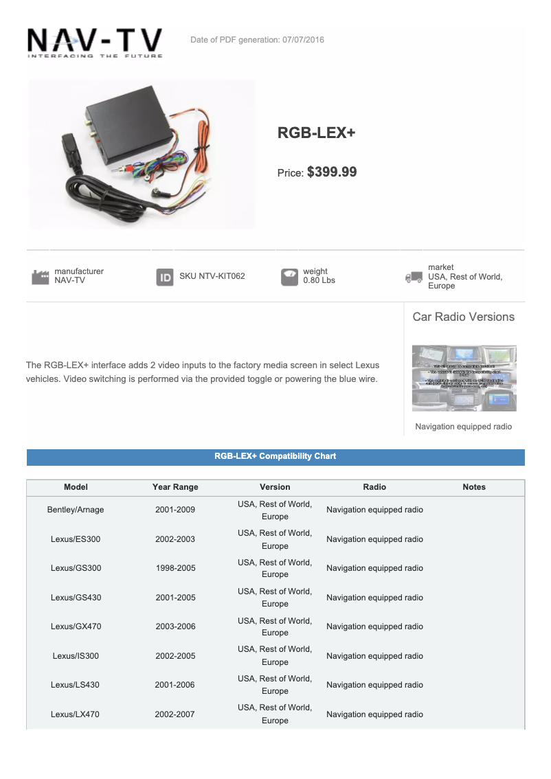 Page 1 de la notice Fiche technique NAV-TV RGB-LEX+ NTV-KIT062