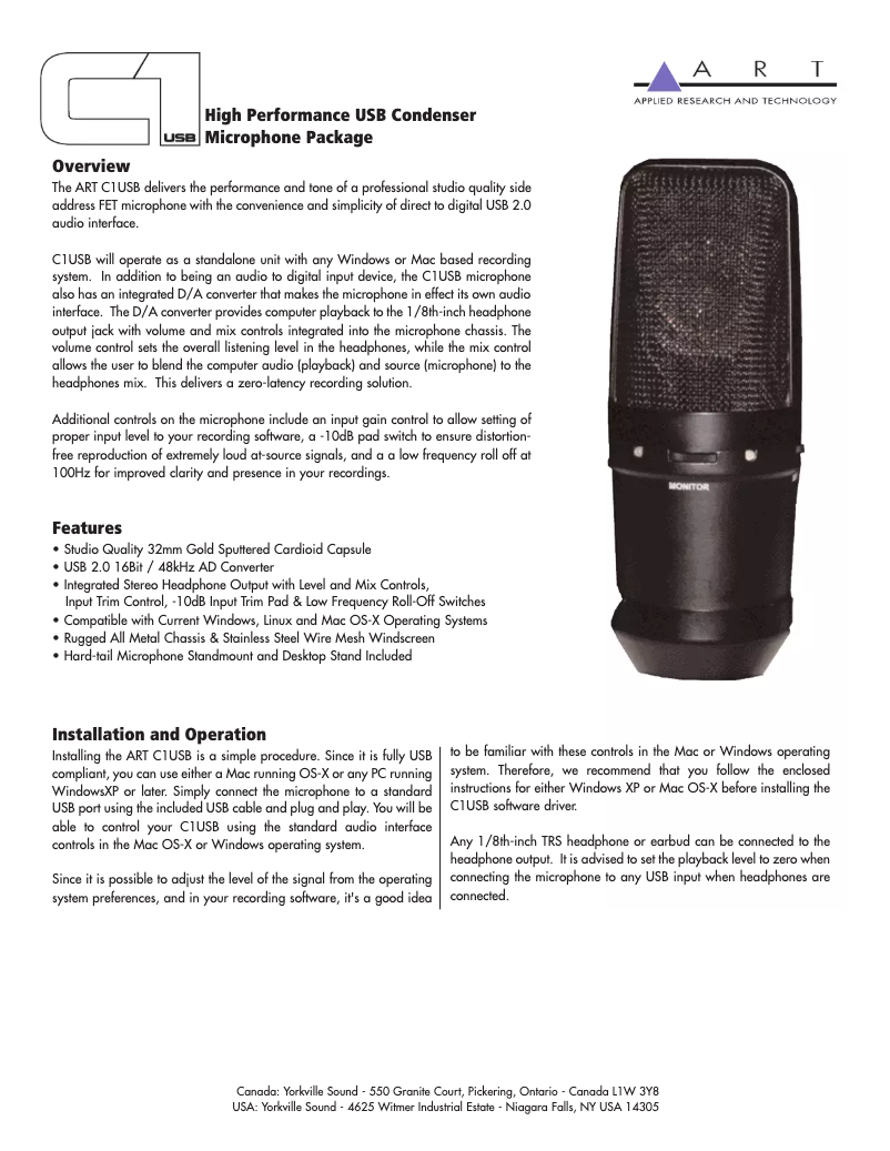 Page 1 de la notice Manuel utilisateur ART C1USB