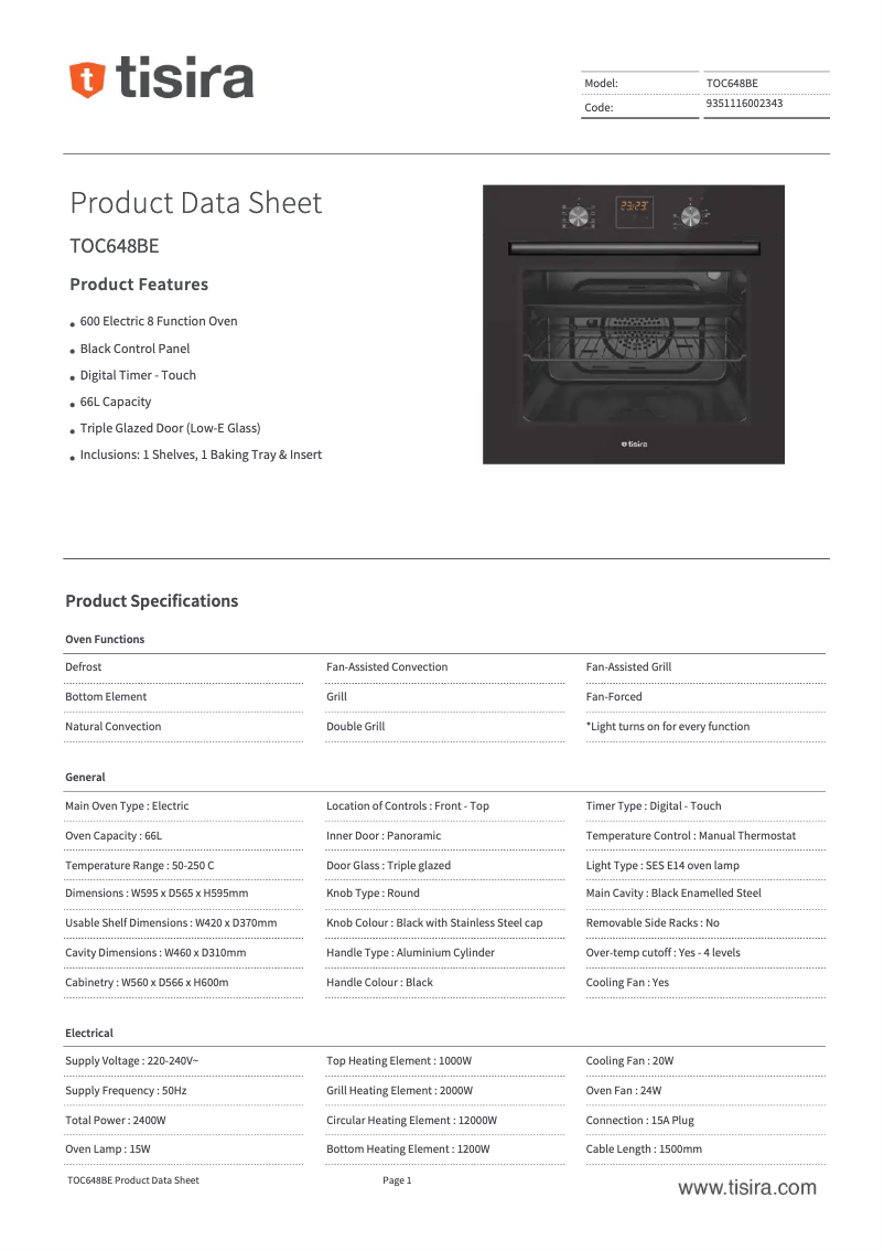 Page 1 de la notice Fiche technique Tisira TOC648BE