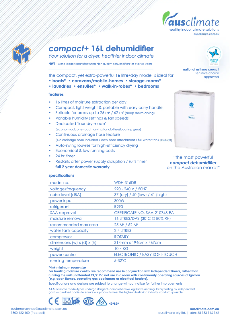 Page n°1 - Fiche technique Ausclimate WDH-316DB