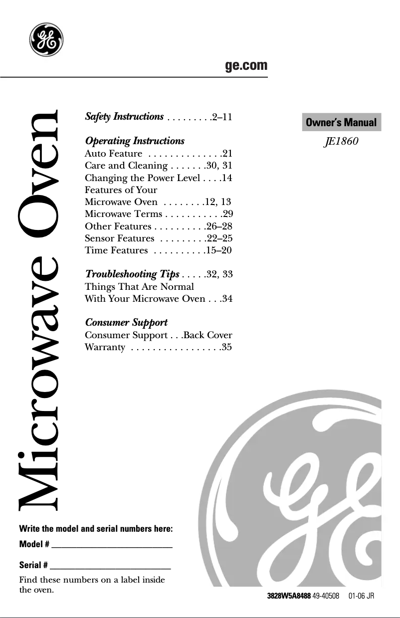 Page n°1 - Manuel d'utilisation et d'entretien GE JE1860BH