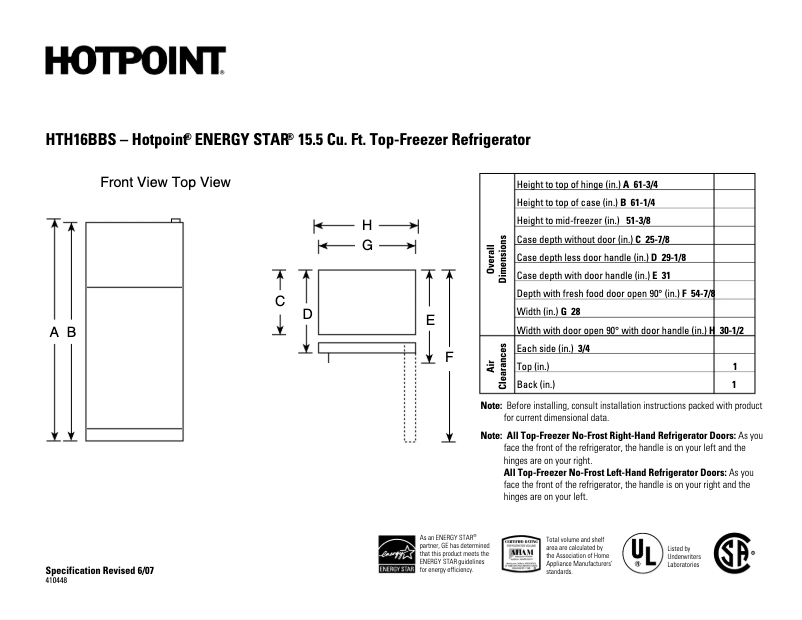 Page n°1 - Fiche technique Hotpoint HTH16BBSRCC