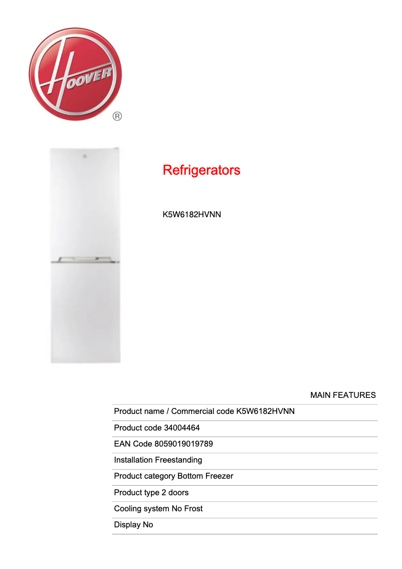 Page n°1 - Fiche technique Hoover K5W6182HVNN