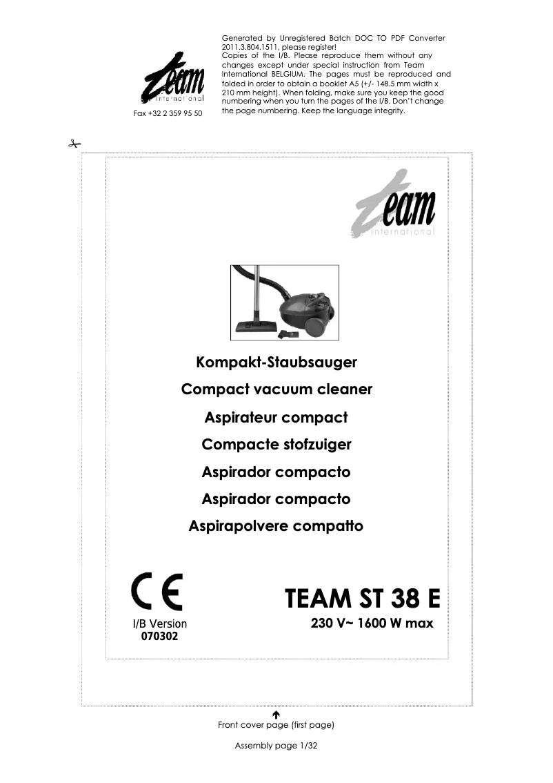 Page n°1 - Manuel utilisateur Team ST 38 E