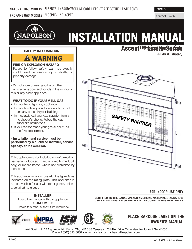 Page 1 de la notice Manuel utilisateur Napoleon Ascent Linear 36