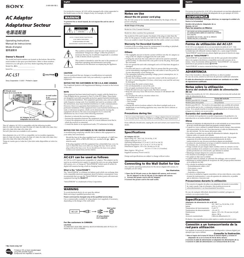 Page n°1 - Manuel utilisateur Sony AC-LS1