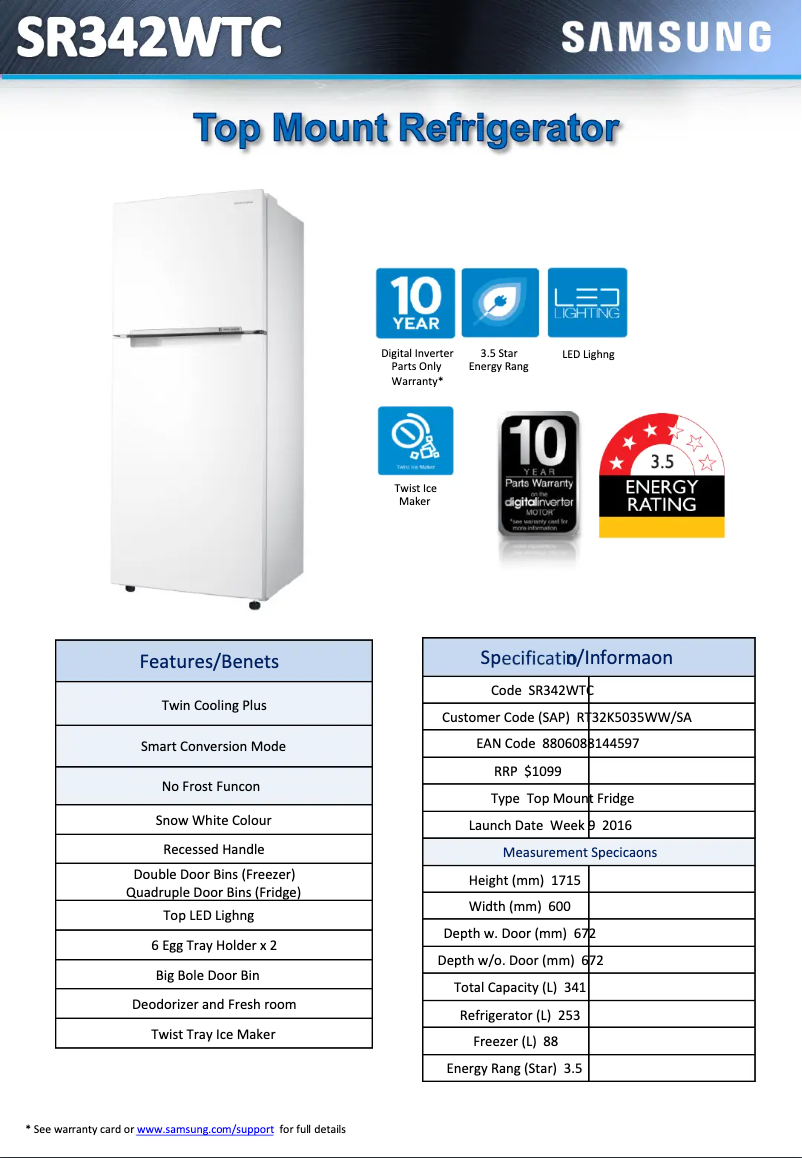 Page 1 de la notice Fiche technique Samsung SR342WTC