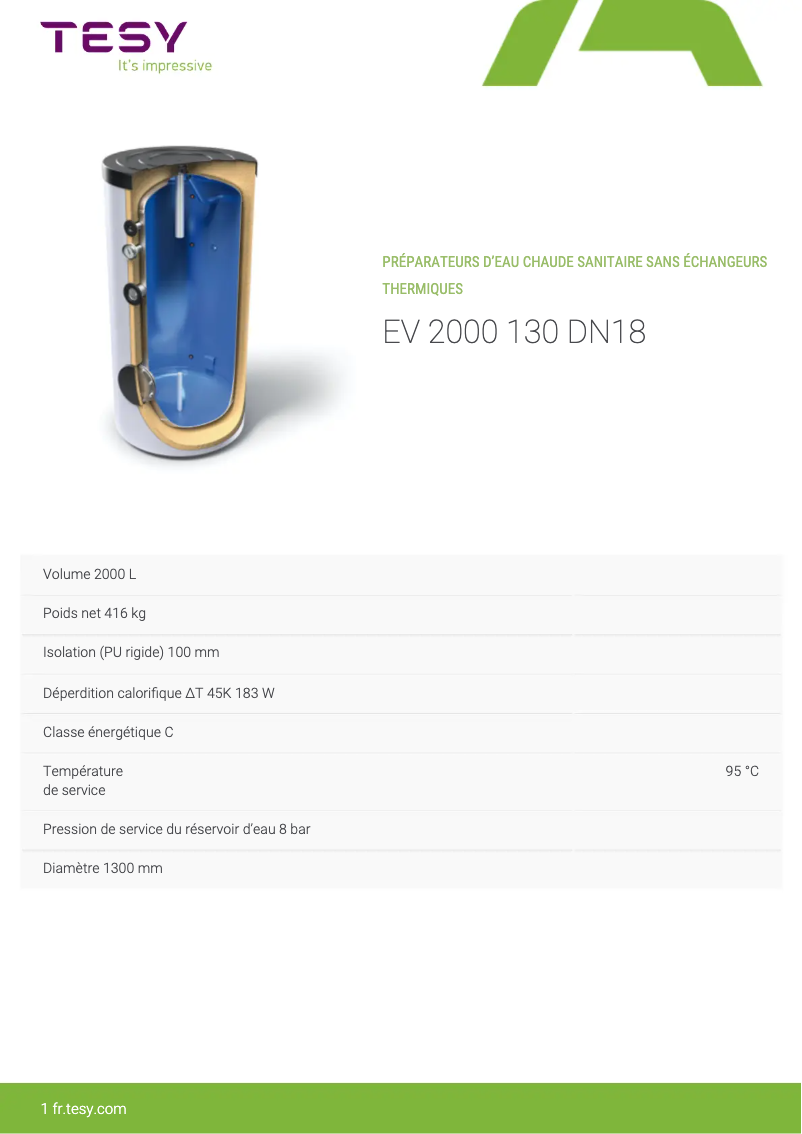 Page 1 de la notice Fiche technique Tesy EV 2000 130 B DN18