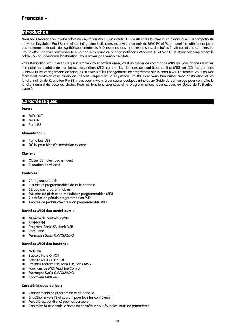 Page 1 de la notice Manuel utilisateur M-Audio Keystation Pro 88