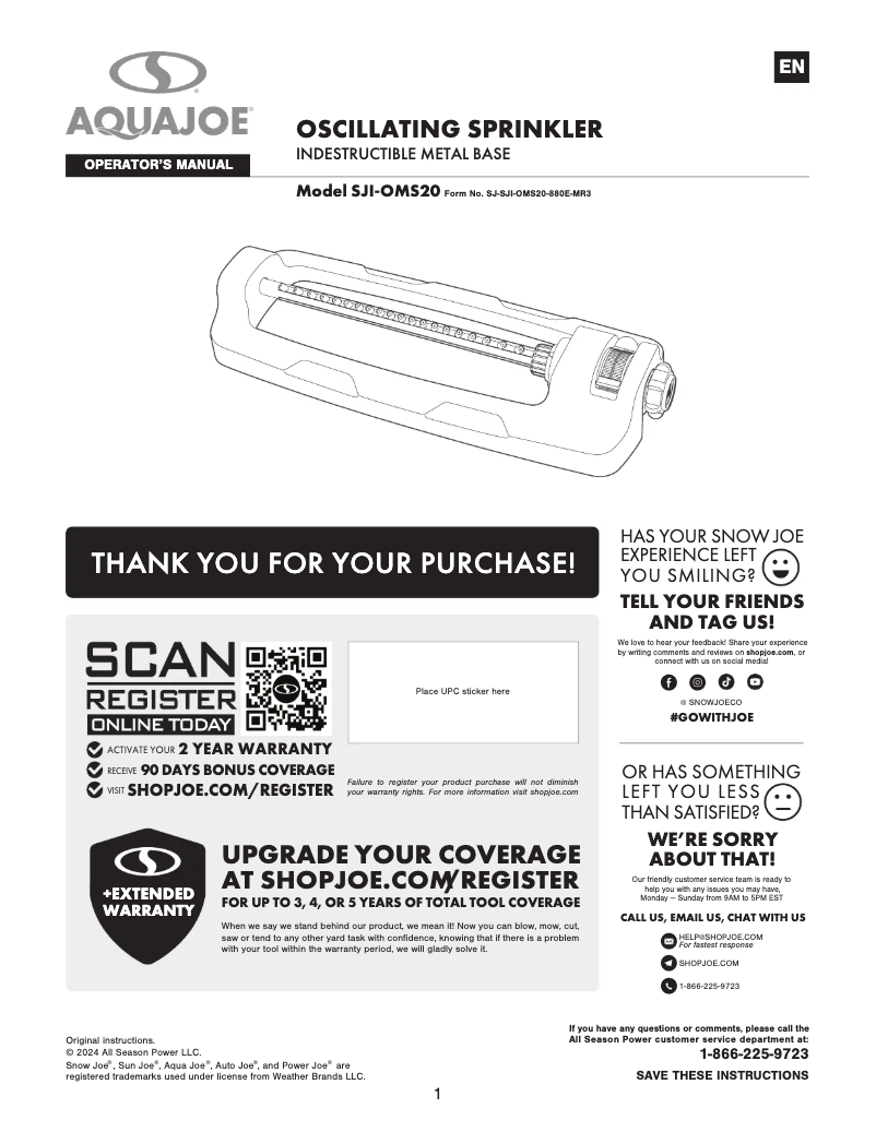Page 1 de la notice Manuel utilisateur Aqua Joe SJI-OMS20