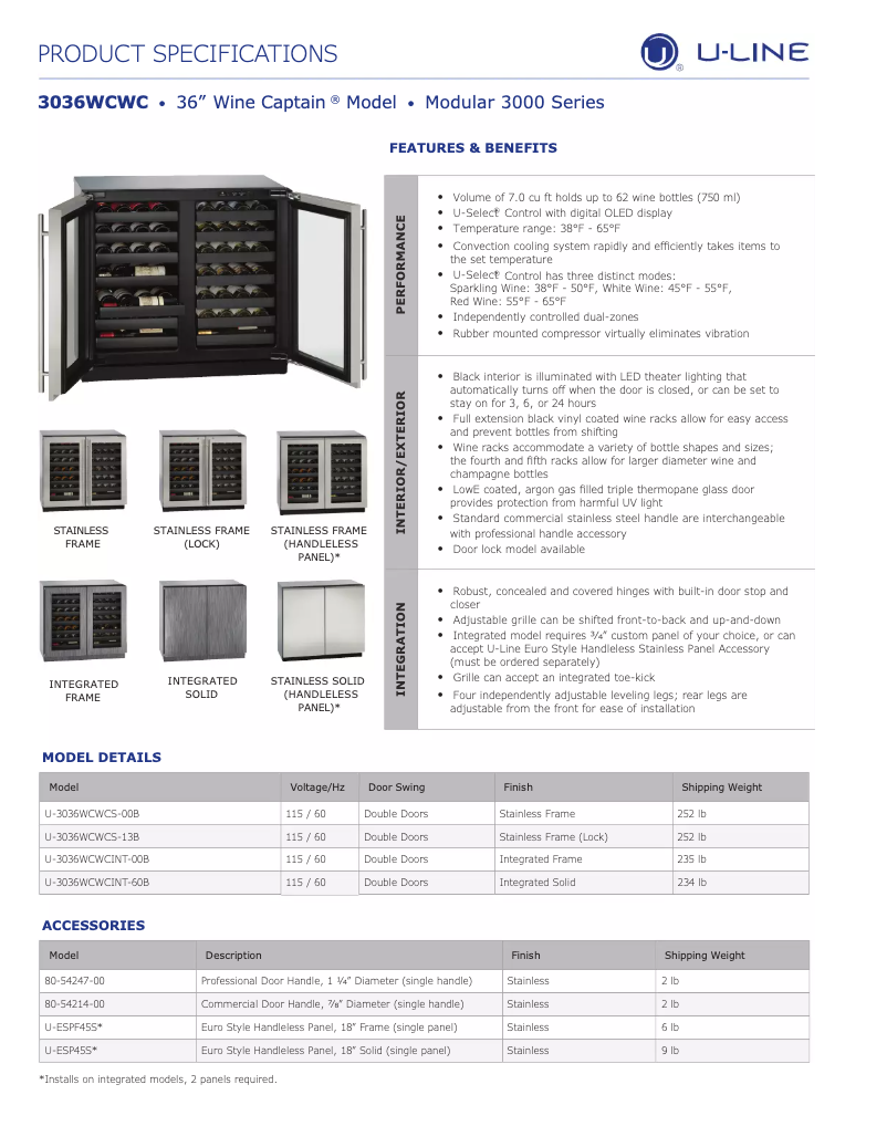 Page n°1 - Fiche technique U-Line U-3036WCWCS-00B