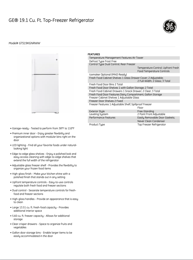 Page 1 de la notice Fiche technique GE GTS19KGNRWW