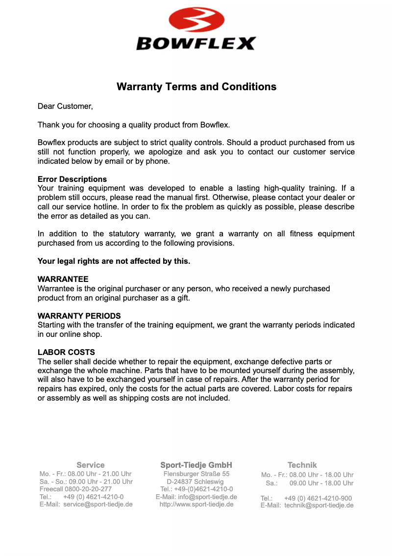 Page n°1 - Informations de garantie Bowflex SelectTech BF552i