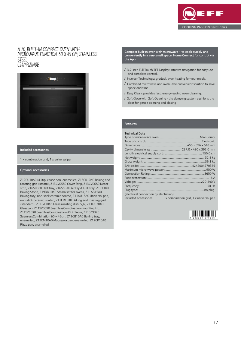 Page 1 de la notice Fiche technique Neff C24MR21N0B