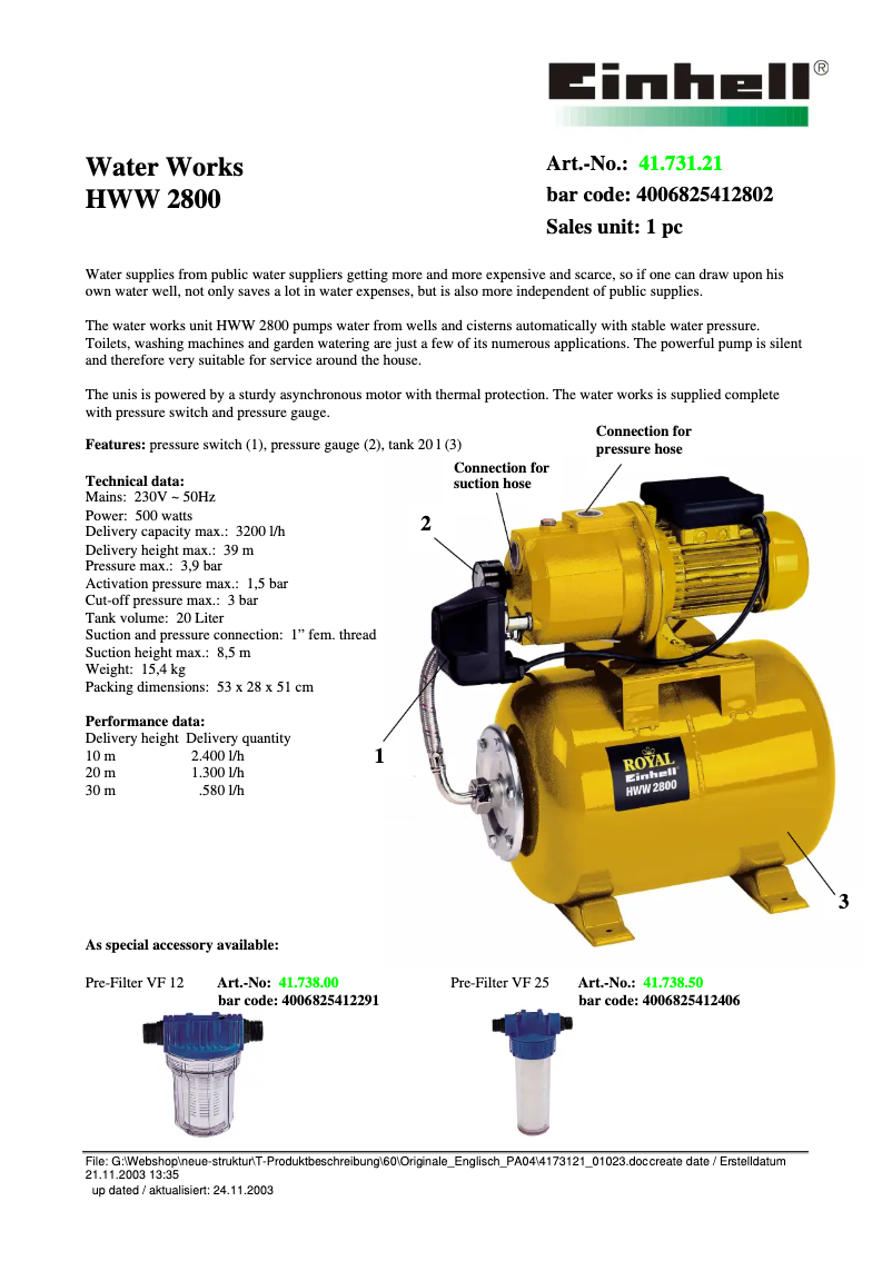 Image de la première page du manuel de l'appareil Royal HWW 2800