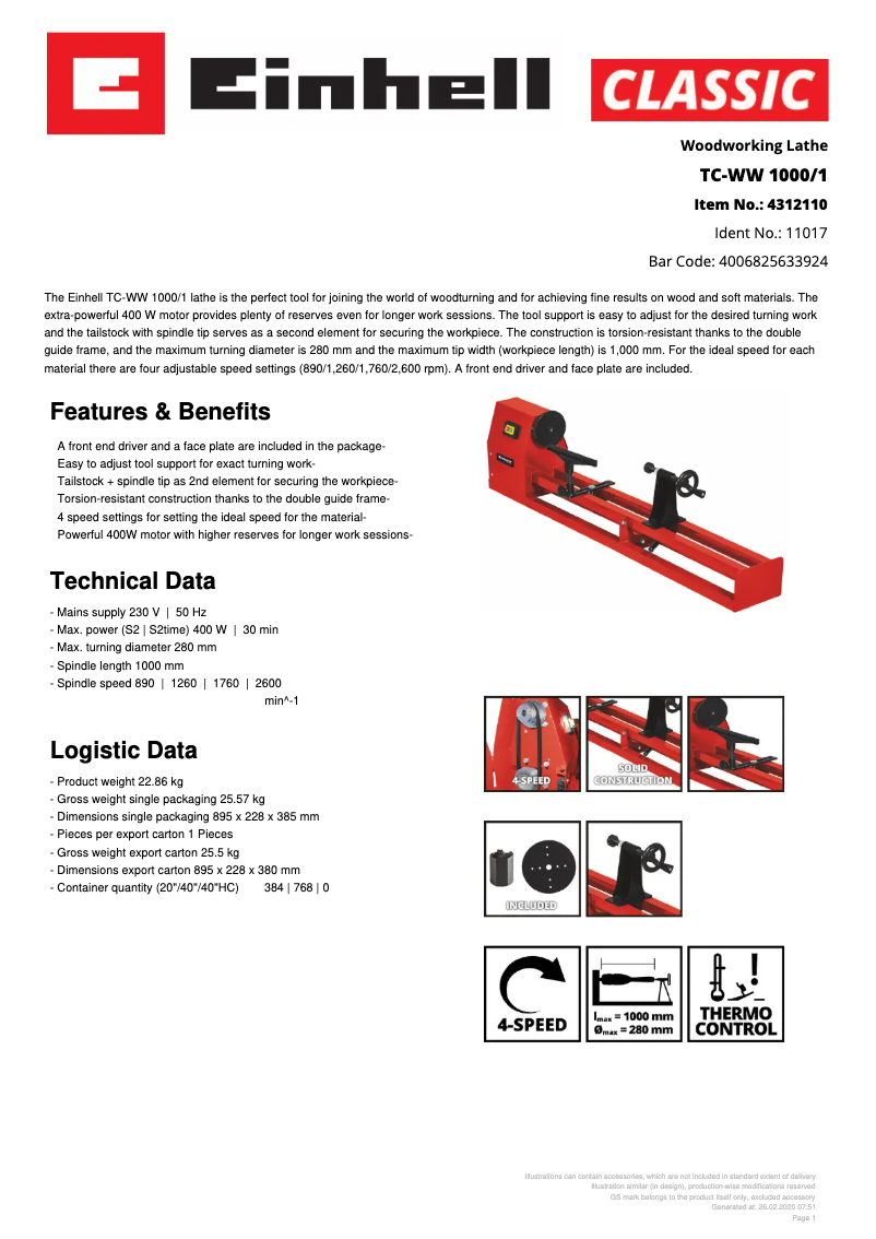 Page 1 de la notice Fiche technique Einhell TC-WW 1000/1