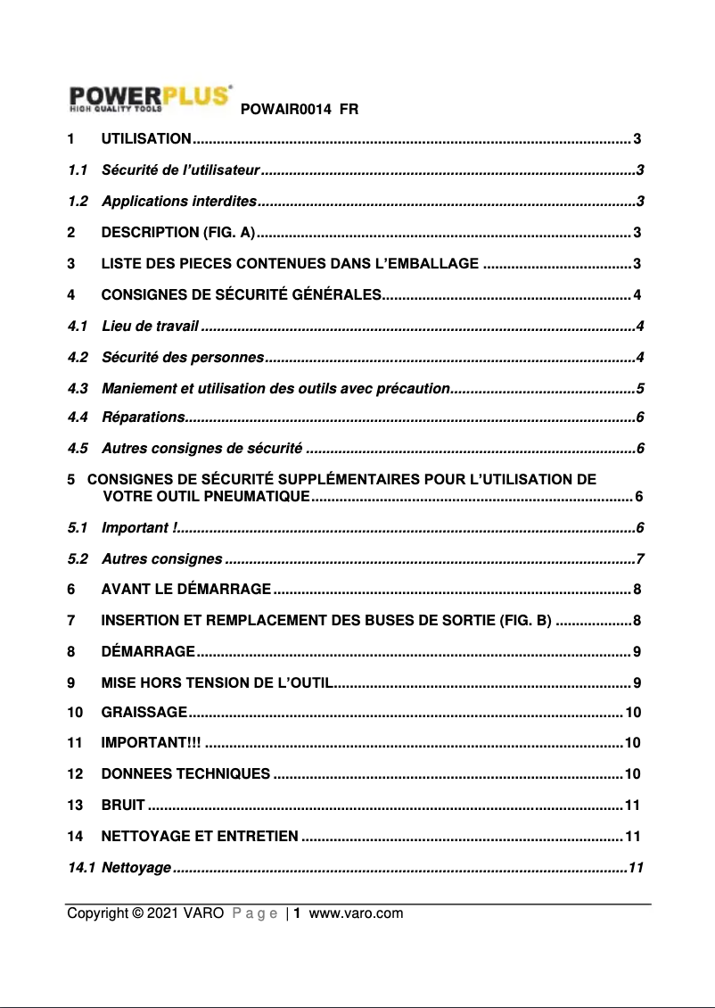 Page n°1 - Manuel utilisateur PowerPlus POWAIR0014
