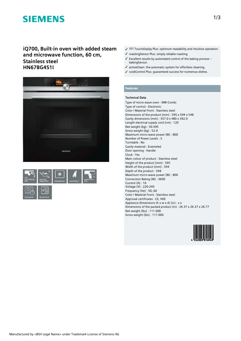 Page 1 de la notice Fiche technique Siemens HN678G4S1I