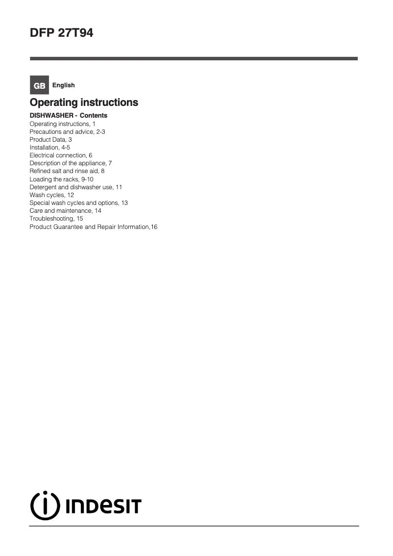 Page n°1 - Manuel utilisateur Indesit DFP 27T96 Z UK